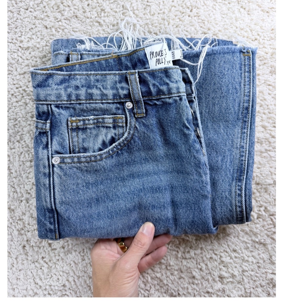 Princess Polly Wide Leg Jeans Womens Size 6 Blue Excellent Raw‎ Hem Button Fly